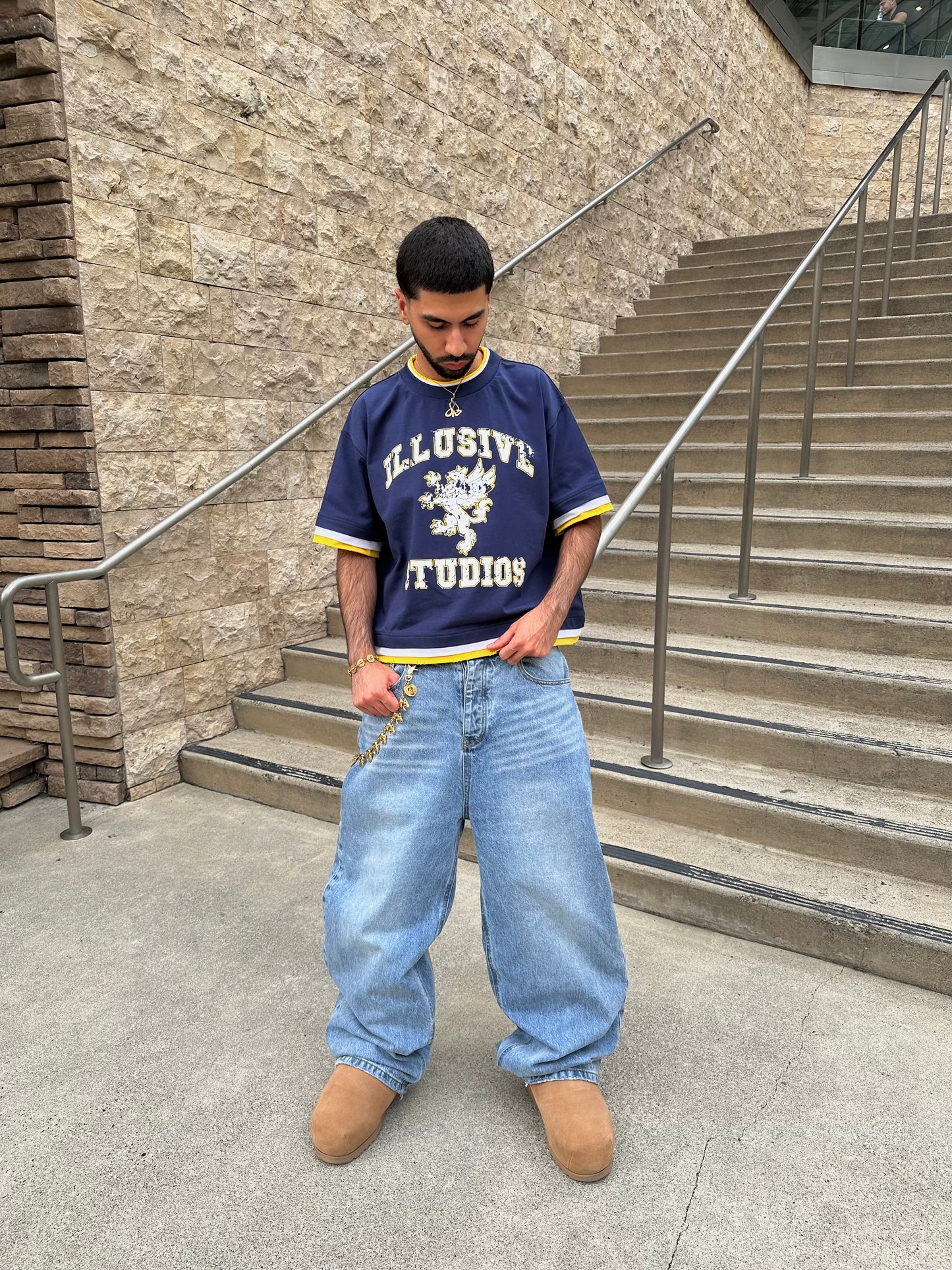 'Illusive Ascendant' Cropped Triple Layer Tee - Navy Blue