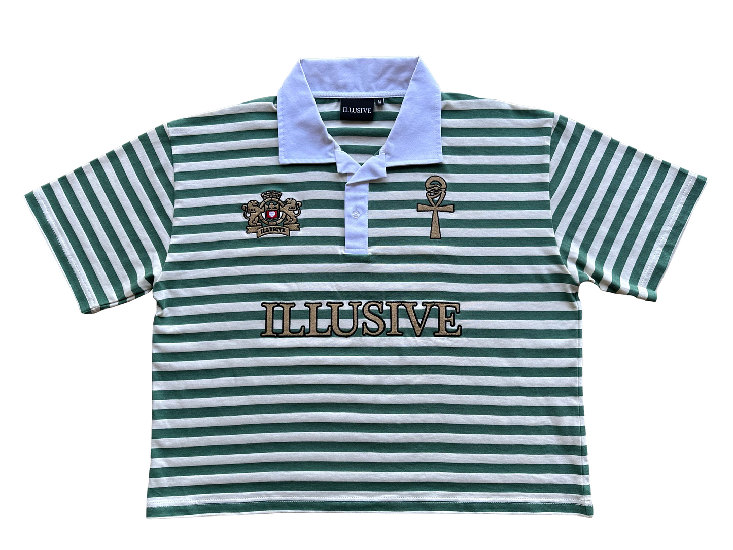 'Lion's Prosperity' Cropped Polo Tee - Jade Green