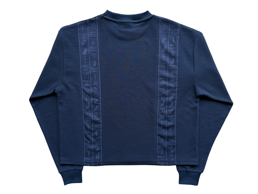 'Glyphs' Cropped Thermal Long Sleeve - Navy Blue