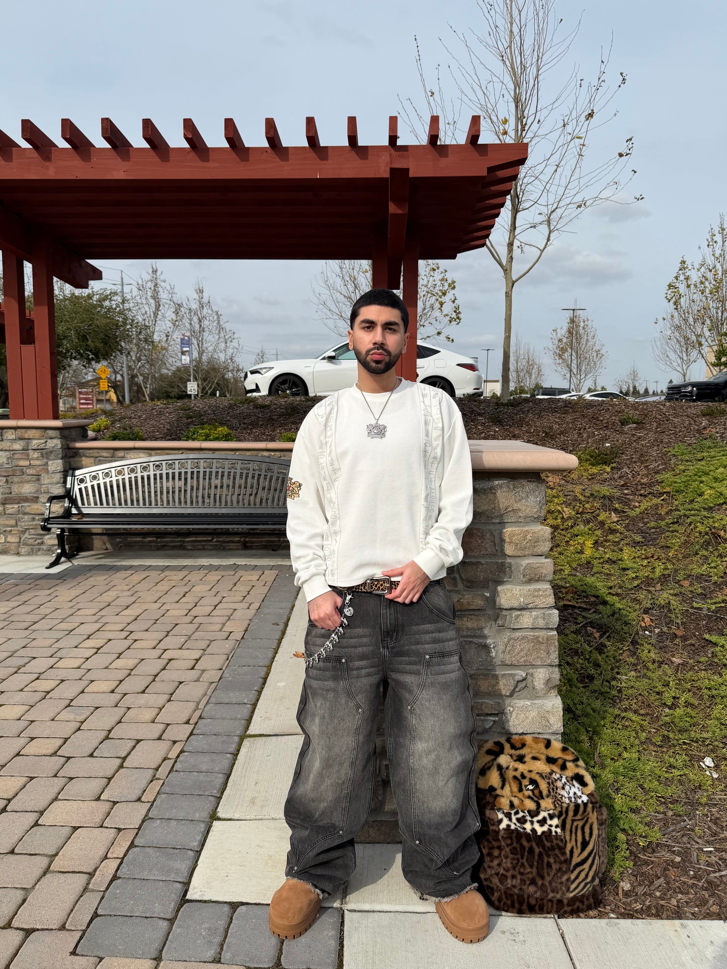 'Glyphs' Cropped Thermal Long Sleeve - White