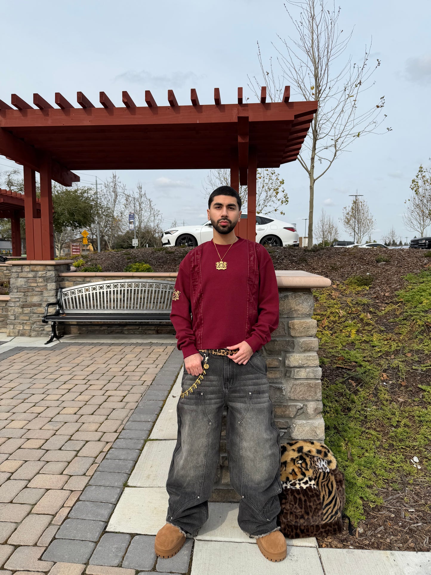 'Glyphs' Cropped Thermal Long Sleeve - Burgundy