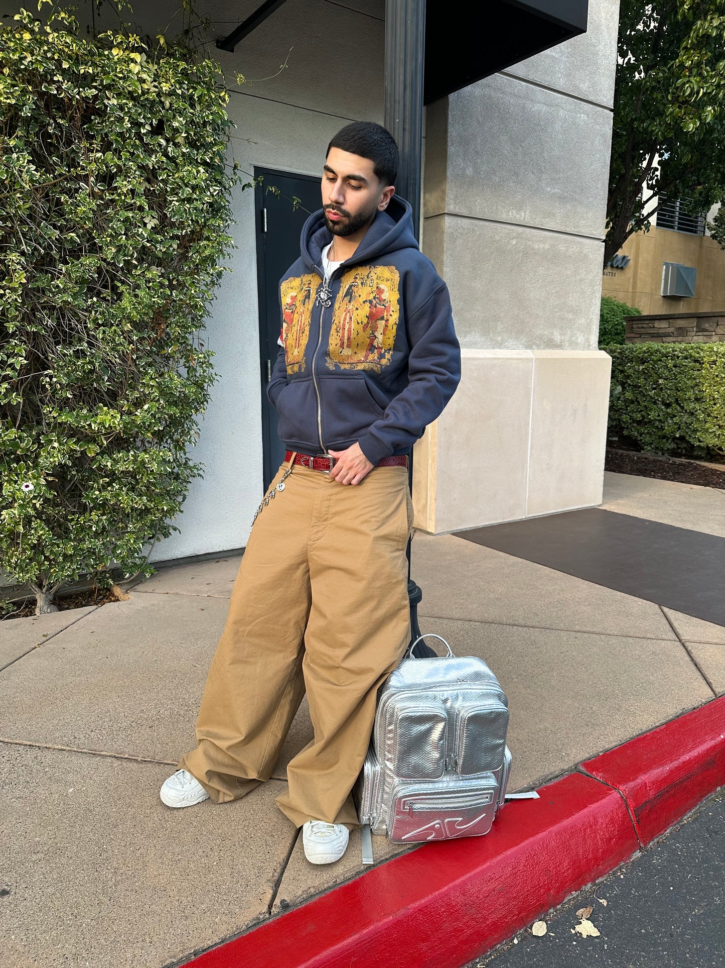 'Tut's Fragment' Cropped Zip Up - Navy Blue