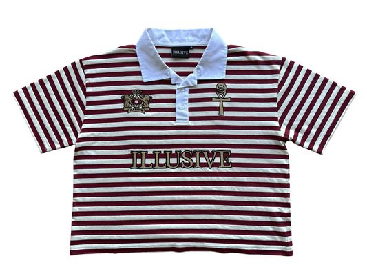 'Lion's Prosperity' Cropped Polo Tee - Burgundy