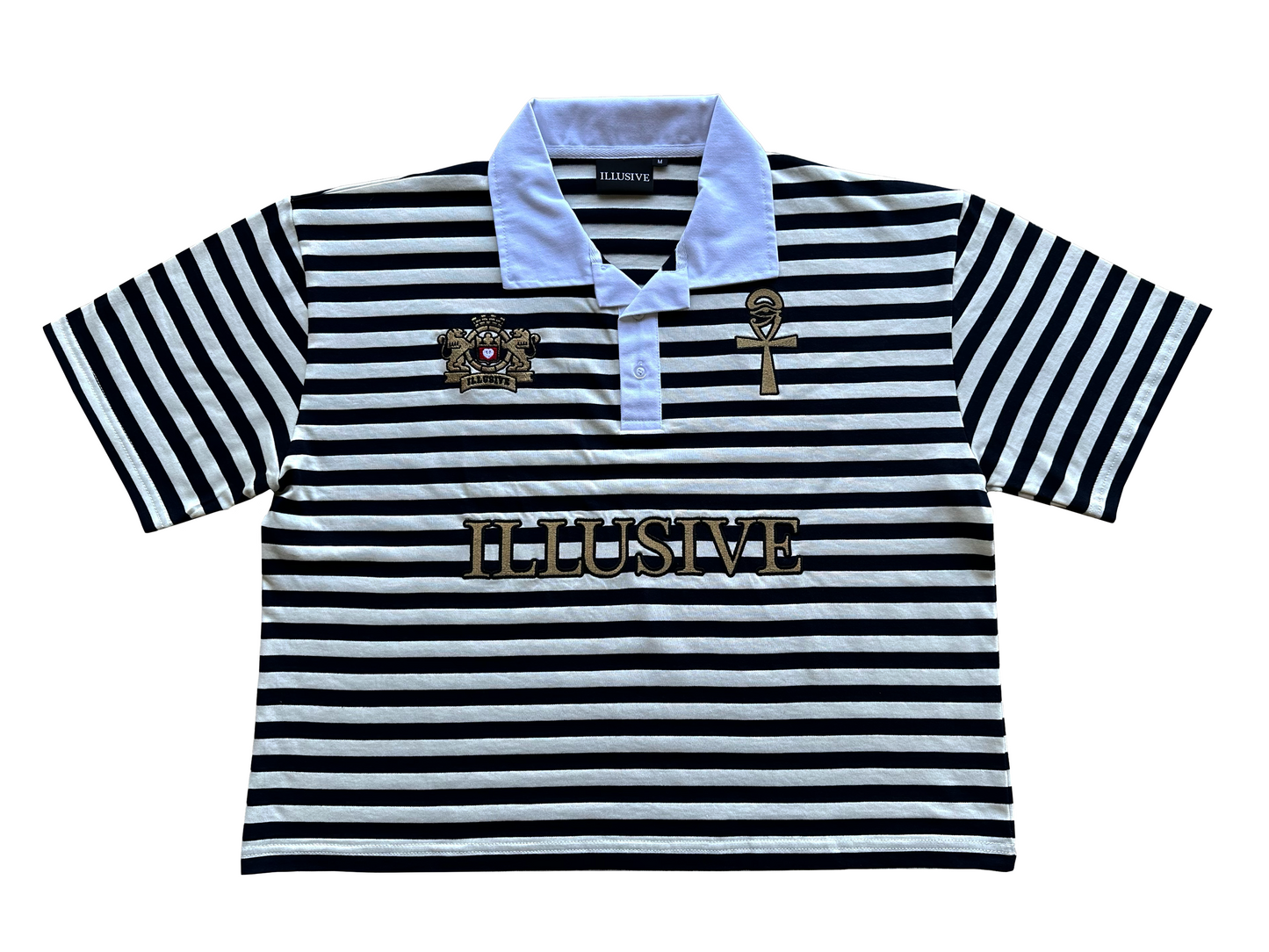 'Lion's Prosperity' Cropped Polo Tee - Dark Navy Blue