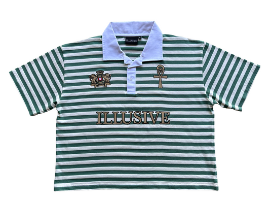 'Lion's Prosperity' Cropped Polo Tee - Jade Green