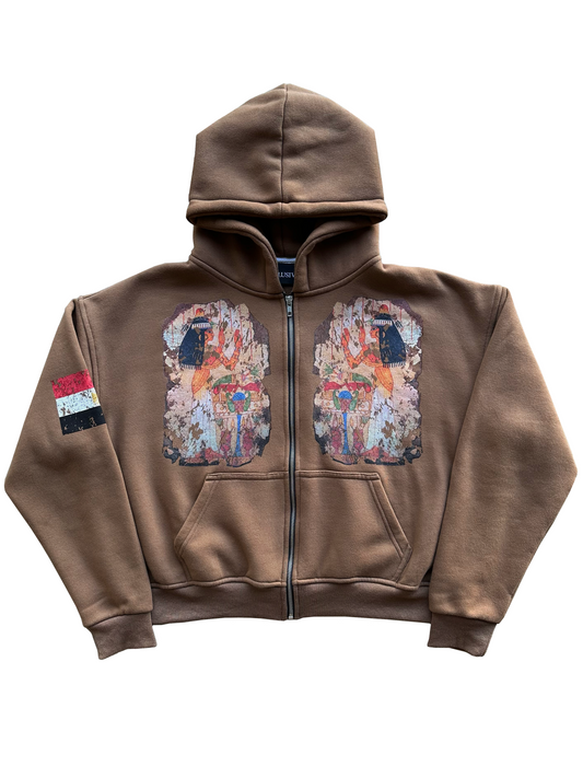 'Menna's Fragment' Cropped Zip Up - Brown