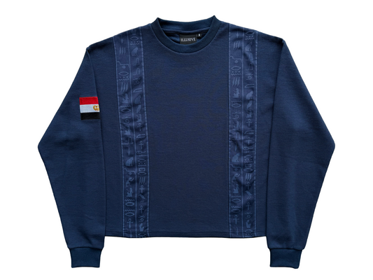 'Glyphs' Cropped Thermal Long Sleeve - Navy Blue