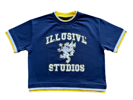 'Illusive Ascendant' Cropped Triple Layer Tee - Navy Blue