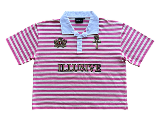 'Lion's Prosperity' Cropped Polo Tee - Pink